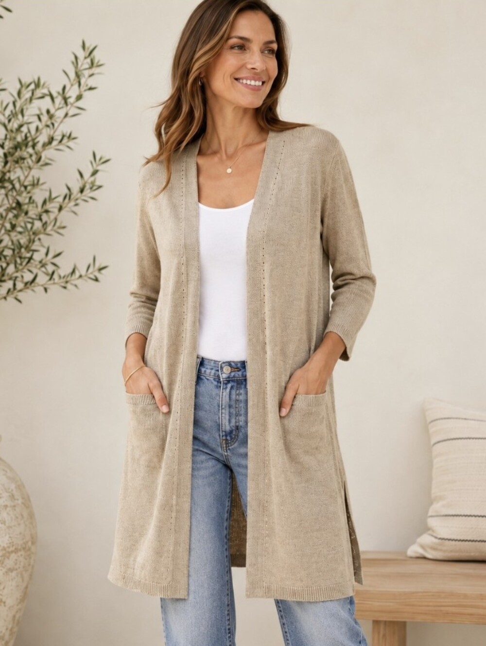 Talbots 100% Linen Cardigan Beige Sz XL Long Open Front Duster Pockets Longline